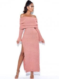 Miss Circle Dresses Esther Dusty Pink Off Shoulder Long Sweater Dress With Foldover Neckline