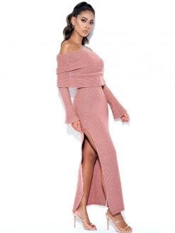 Miss Circle Dresses Esther Dusty Pink Off Shoulder Long Sweater Dress With Foldover Neckline