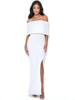 Miss Circle Yuliana White Off Shoulder Long Sweater Dress With Foldover Neckline Dresses