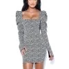 Miss Circle Petra Herringbone Puff Long Sleeve Dress