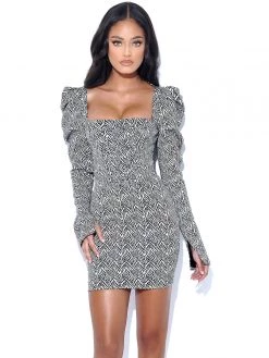 Miss Circle Petra Herringbone Puff Long Sleeve Dress