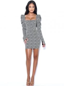 Miss Circle Petra Herringbone Puff Long Sleeve Dress