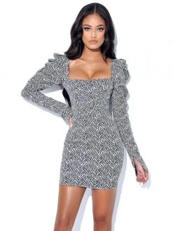 Miss Circle Petra Herringbone Puff Long Sleeve Dress