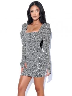 Miss Circle Petra Herringbone Puff Long Sleeve Dress