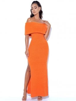 Miss Circle Yuliana Orange Off Shoulder Long Sweater Dress With Foldover Neckline Dresses