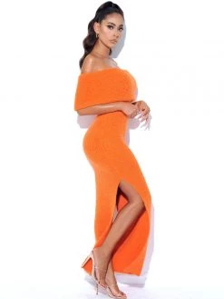 Miss Circle Yuliana Orange Off Shoulder Long Sweater Dress With Foldover Neckline Dresses