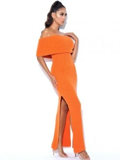 Miss Circle Yuliana Orange Off Shoulder Long Sweater Dress With Foldover Neckline Dresses