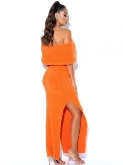 Miss Circle Yuliana Orange Off Shoulder Long Sweater Dress With Foldover Neckline Dresses