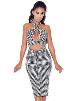 Miss Circle Dresses Hayden Houndstooth Crisscross Halter Neck Dress