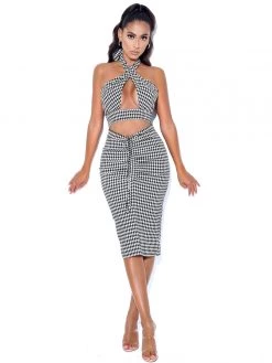 Miss Circle Dresses Hayden Houndstooth Crisscross Halter Neck Dress