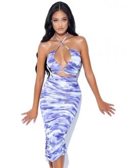 Miss Circle Sale Quincee Lavender Mesh Print Cutout Lace Up Dress