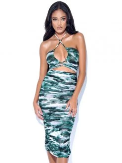 Miss Circle Sale Quincee Green Mesh Print Cutout Lace Up Dress