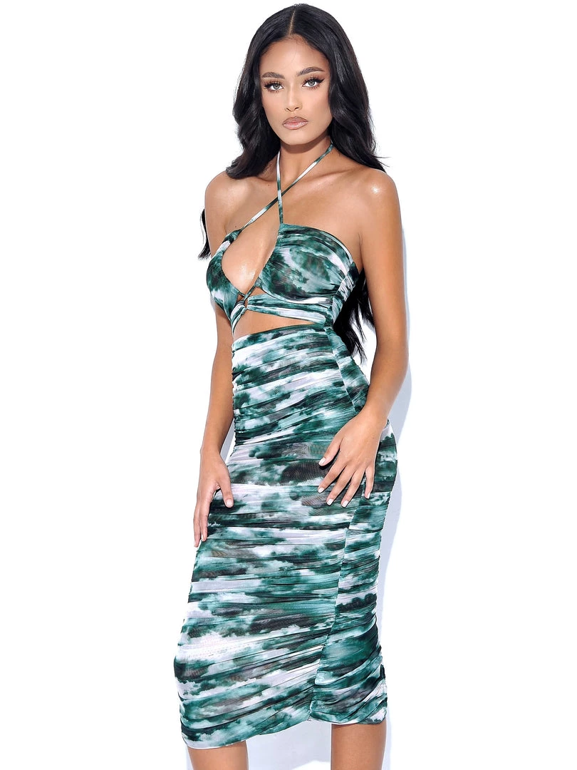Miss Circle Sale Quincee Green Mesh Print Cutout Lace Up Dress