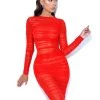 Miss Circle Jimena Red Ruched Mesh Long Sleeve Dress Dresses