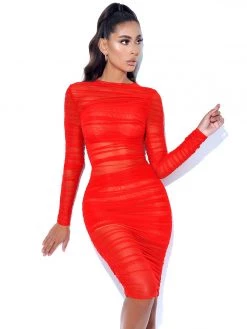 Miss Circle Jimena Red Ruched Mesh Long Sleeve Dress Dresses