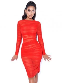 Miss Circle Jimena Red Ruched Mesh Long Sleeve Dress Dresses
