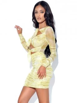 Miss Circle Dresses Sonia Yellow Print Mesh Long Sleeve Dress
