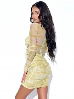 Miss Circle Dresses Sonia Yellow Print Mesh Long Sleeve Dress