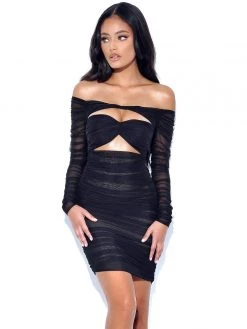 Miss Circle Dresses Tierra Black Mesh Off Shoulder Cutout Dress