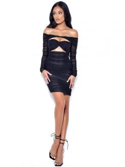 Miss Circle Dresses Tierra Black Mesh Off Shoulder Cutout Dress