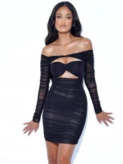 Miss Circle Dresses Tierra Black Mesh Off Shoulder Cutout Dress