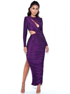 Miss Circle Payson Purple Long Sleeve Metallic Jersey Cutout Dress Dresses