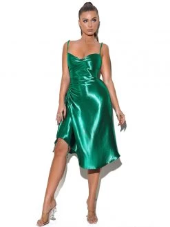 Miss Circle Dresses Montego Green Satin Side Slit Dress