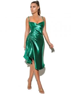 Miss Circle Dresses Montego Green Satin Side Slit Dress