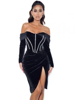 Miss Circle Nashla Black Off Shoulder Crystal Corset Velvet Dress