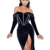 Miss Circle Nashla Black Off Shoulder Crystal Corset Velvet Dress