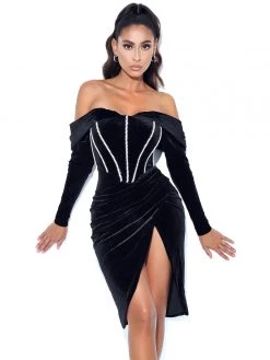 Miss Circle Nashla Black Off Shoulder Crystal Corset Velvet Dress