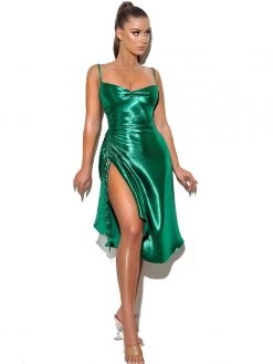 Miss Circle Dresses Montego Green Satin Side Slit Dress