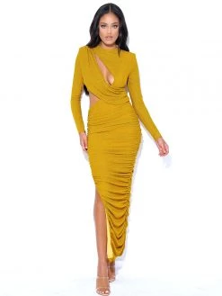 Miss Circle Dresses Payson Gold Long Sleeve Metallic Jersey Cutout Dress