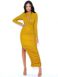 Miss Circle Dresses Payson Gold Long Sleeve Metallic Jersey Cutout Dress
