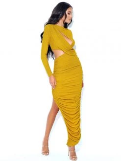 Miss Circle Dresses Payson Gold Long Sleeve Metallic Jersey Cutout Dress