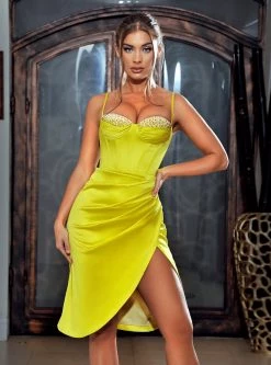 Miss Circle Nyla Lemon Satin Corset Dress With Crystals Corsets