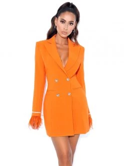 Miss Circle Dresses Quilla Orange Feather Crystal Sleeve Backless Blazer Dress