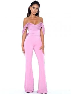 Miss Circle Sherlyn Mauve Off Shoulder Flared Crepe Jumpsuit New In