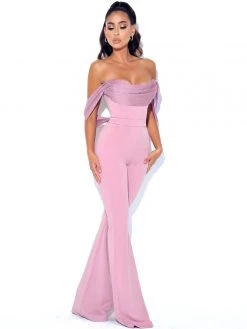 Miss Circle Sherlyn Mauve Off Shoulder Flared Crepe Jumpsuit New In