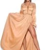 Miss Circle Best Sellers Iris Tan Off Shoulder Puff Sleeve Silk Pleated Maxi Dress