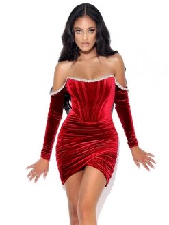 Miss Circle Odette Burgundy Velvet Off Shoulder Corset Dress With Crystal Trim