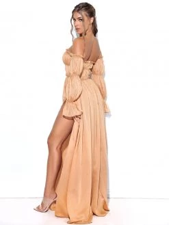 Miss Circle Best Sellers Iris Tan Off Shoulder Puff Sleeve Silk Pleated Maxi Dress