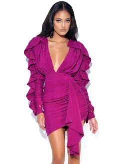 Miss Circle Xena Ruby Pink Draping Ruffle Sleeve Dress New In