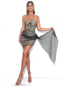 Miss Circle Lexie Black Metallic Fishnet Lace Up Draping Dress