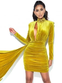 Miss Circle Dresses Gracyn Gold Cutout Long Sleeve Draping Velvet Dress