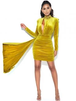 Miss Circle Dresses Gracyn Gold Cutout Long Sleeve Draping Velvet Dress