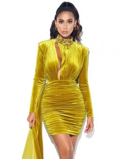 Miss Circle Dresses Gracyn Gold Cutout Long Sleeve Draping Velvet Dress