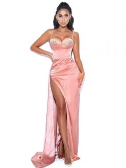 Miss Circle Vanity Blush Pink Satin High Slit Draping Corset Gown With Crystals Corsets