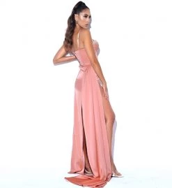 Miss Circle Vanity Blush Pink Satin High Slit Draping Corset Gown With Crystals Corsets
