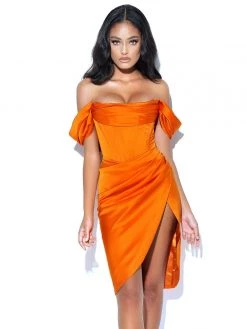 Miss Circle Corsets Wiley Orange Satin Off Shoulder Corset Dress